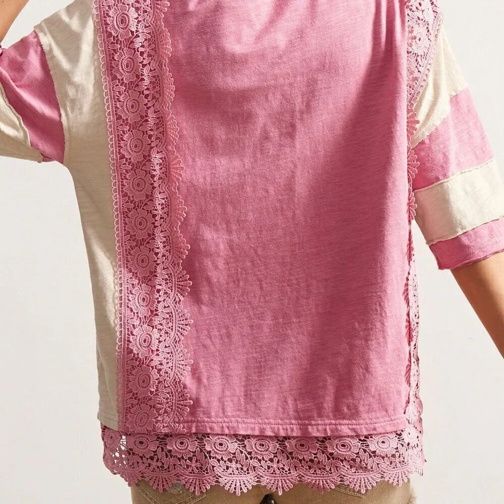 Pink Casual Women's Boho Lace Patchwork Round Neck Loose Washed tee shirt